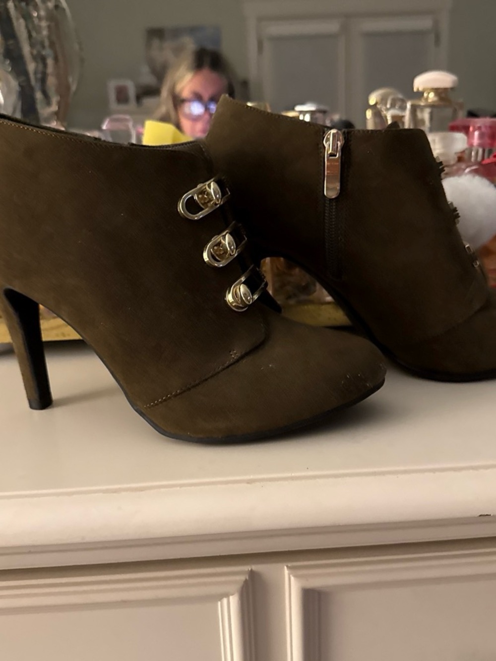 Limelight Olive Suede High-Heel Ankle Booties with Gold Buckle Accents